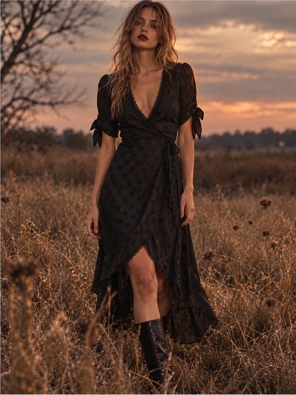 Topshop Black Heart-Jacquard Wrap Midi Dress with Lace Trim